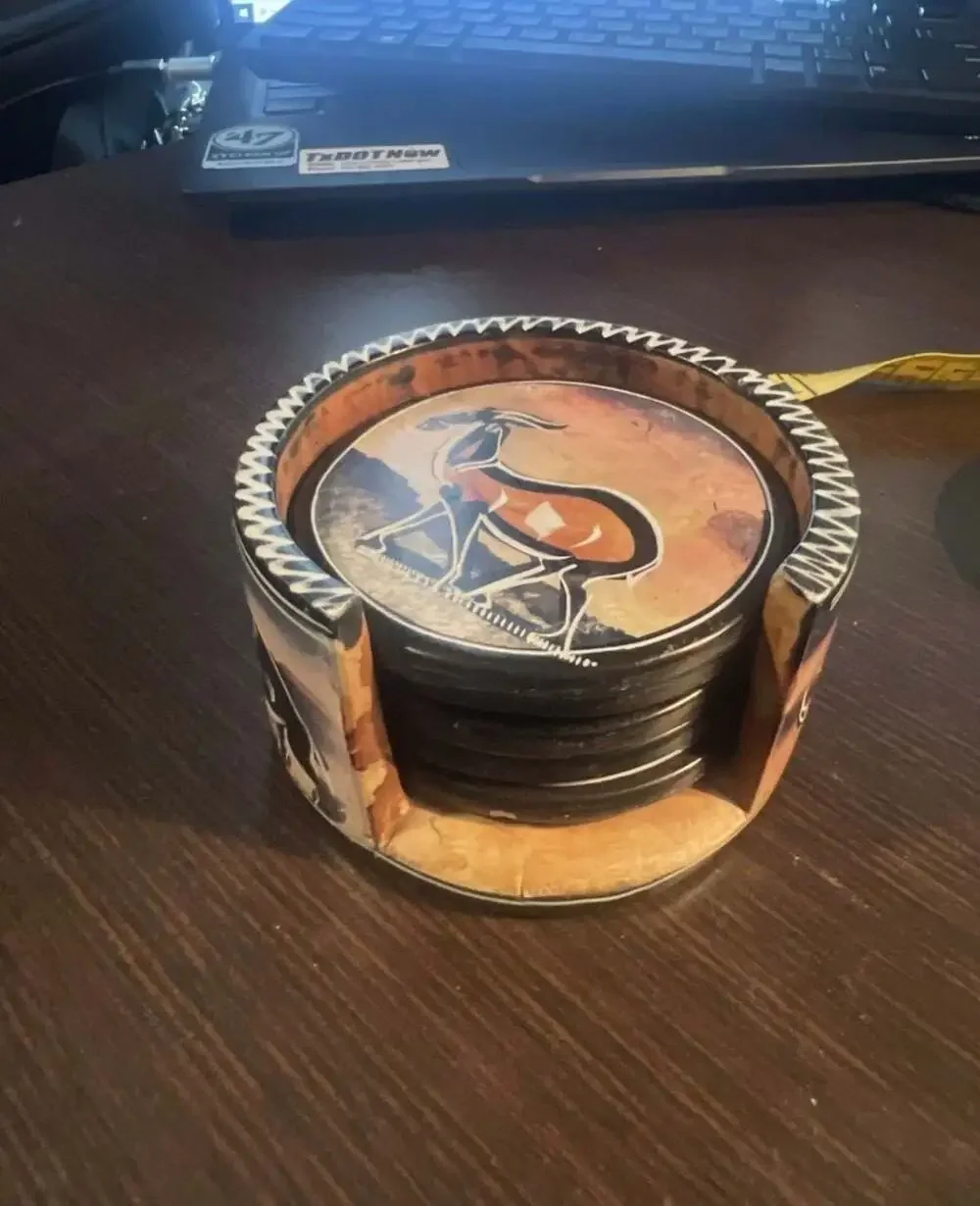 Hand-Carved Kenyan African Soapstone Coaster Set with Holder, Safari Animal Scen